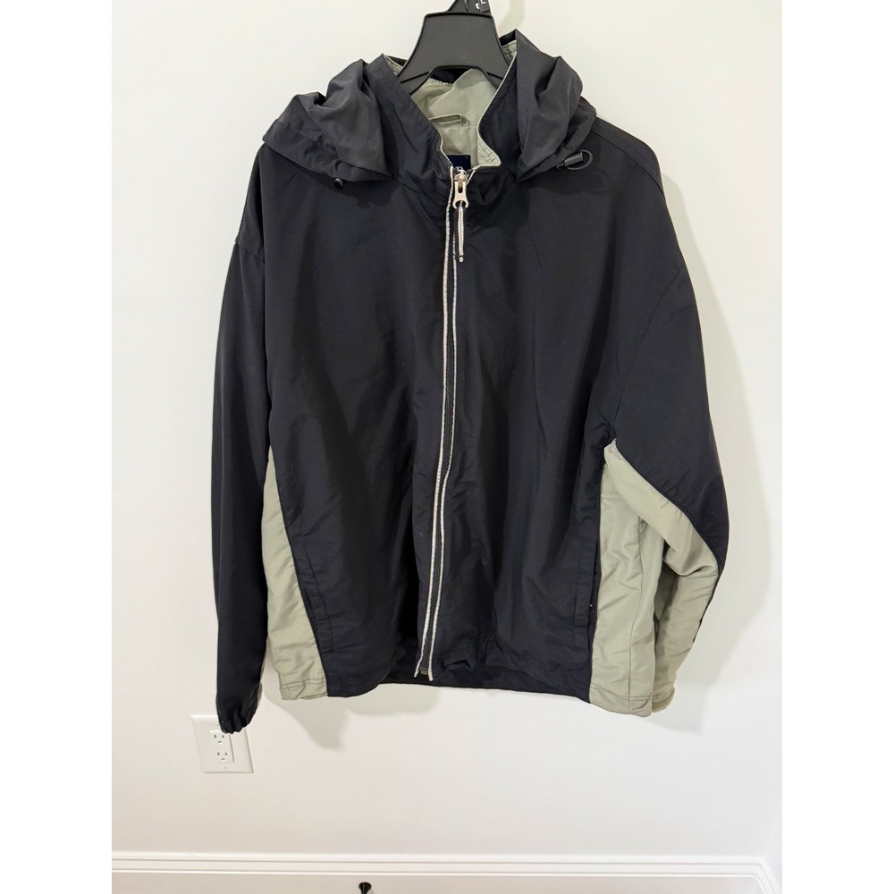 GAP Windbreaker Rain Jacket Men XL Black Olive Good Vintage Y2K Hooded Shell